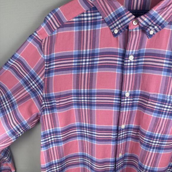 Vineyard Vines Men's L Pink Blue Plaid Classic Fit Button Down Cotton Linen Blen - Picture 3 of 7